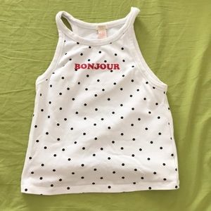 White, black polka dot, red BONJOUR tank top